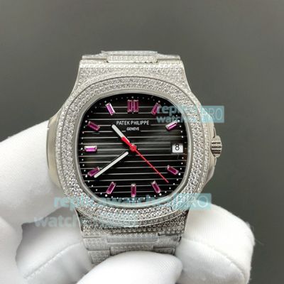 E7 Factory Swiss Clone Patek Philippe Nautilus Full Diamond Watch Grey Dial and Rubies 